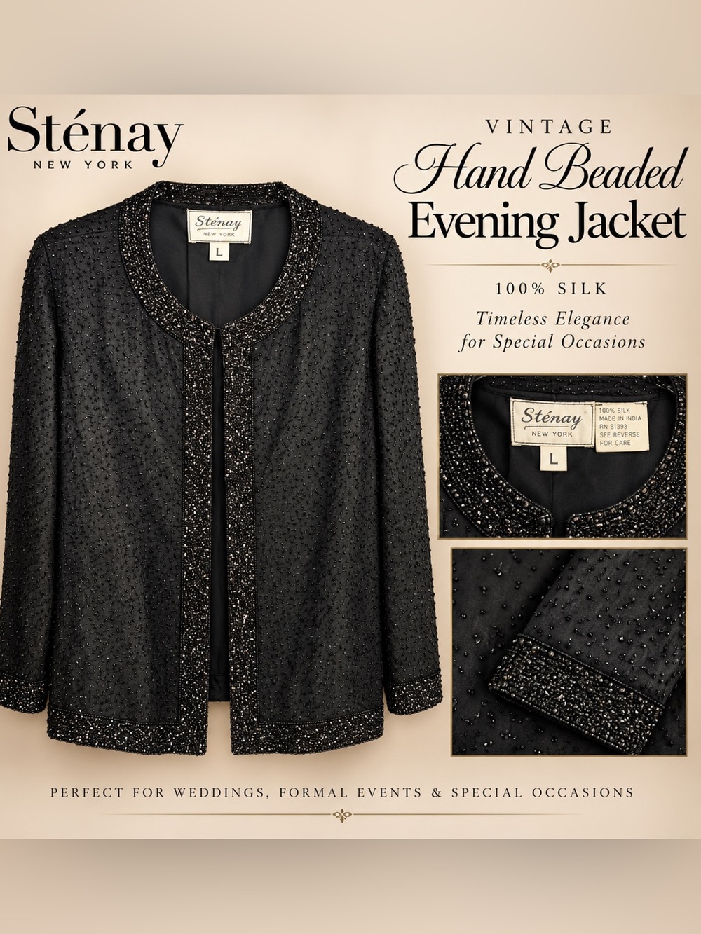 Vintage Sténay Black 100% Silk Hand Beaded Evening Jacket Size L